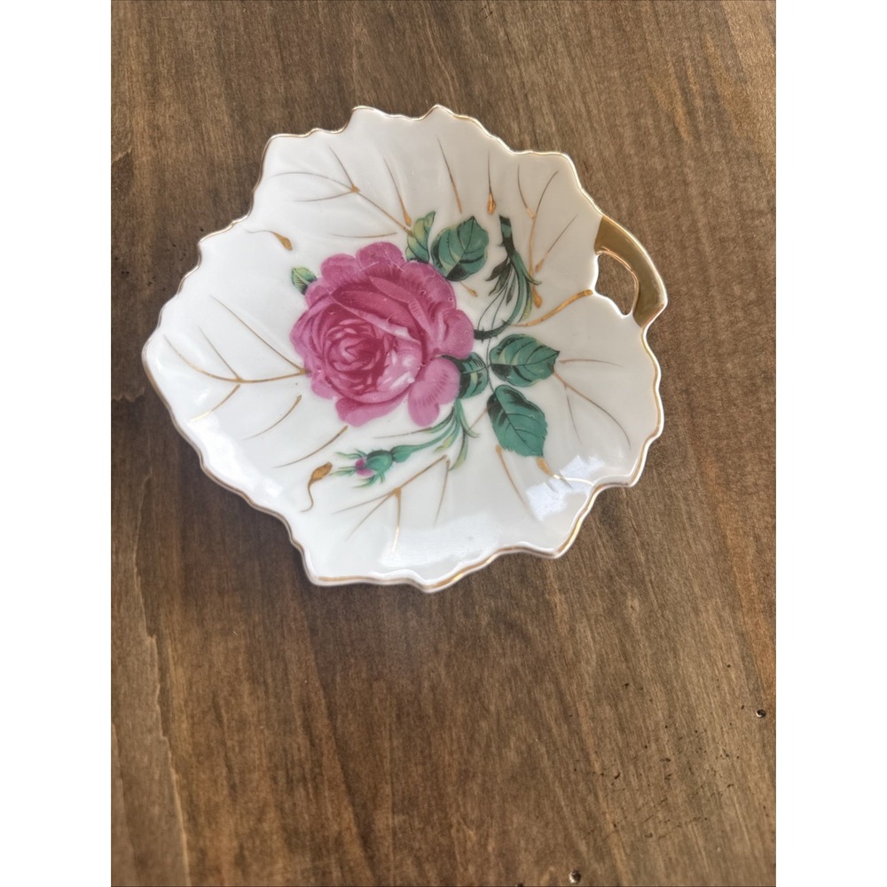 Vintage Nasco Japan Leaf Dish Trinket Hold Jewelry Rose Floral Gold Rim